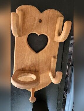 Natural Wood Multi-Hook Wall Organizer with Heart Cutout